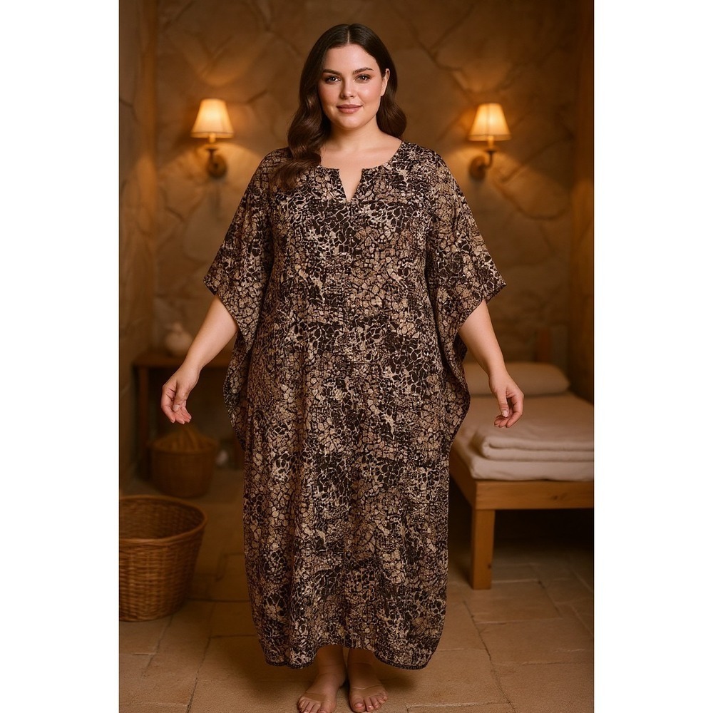 Vintage Meant To Be Women's 3X Lounge Caftan Pockets Brown Cream Animal Print